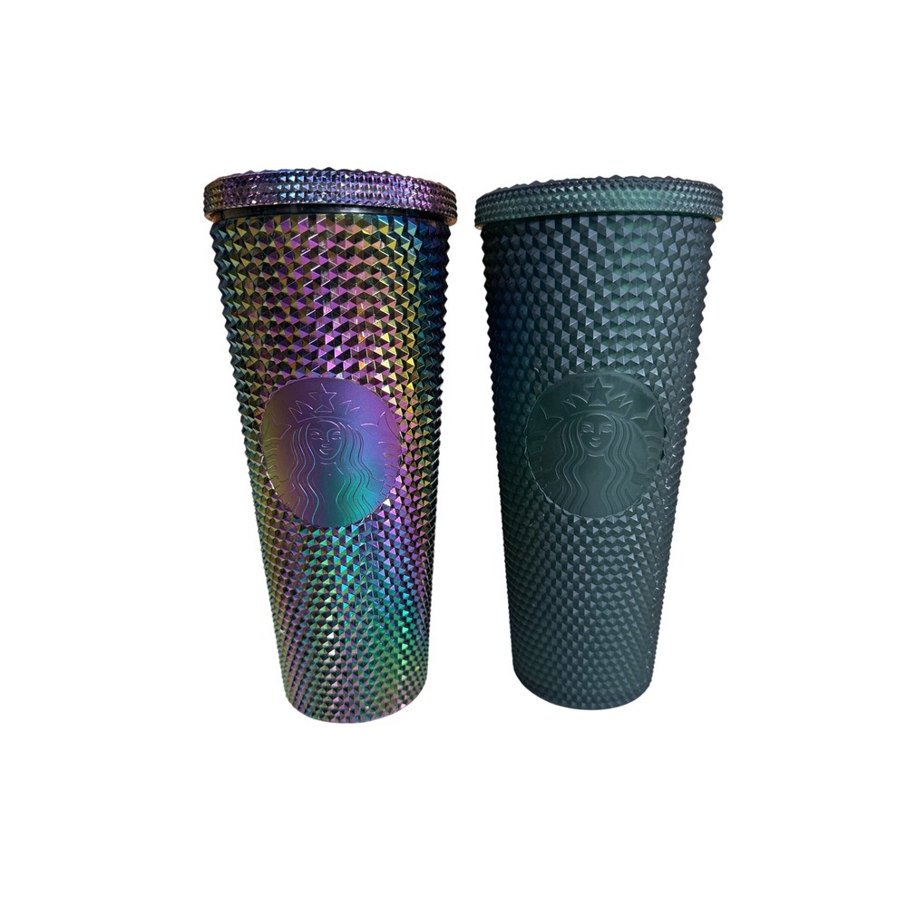Starbucks 24oz Studded Tumbler Set Iridescent Oil Slick & Matte Green 2pc Venti